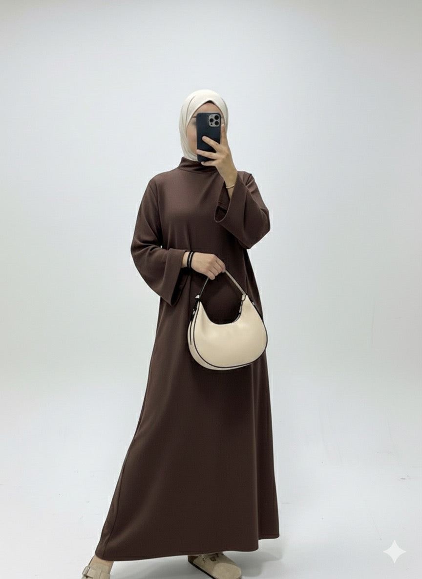 Vestido maxi cuello largo marron A5